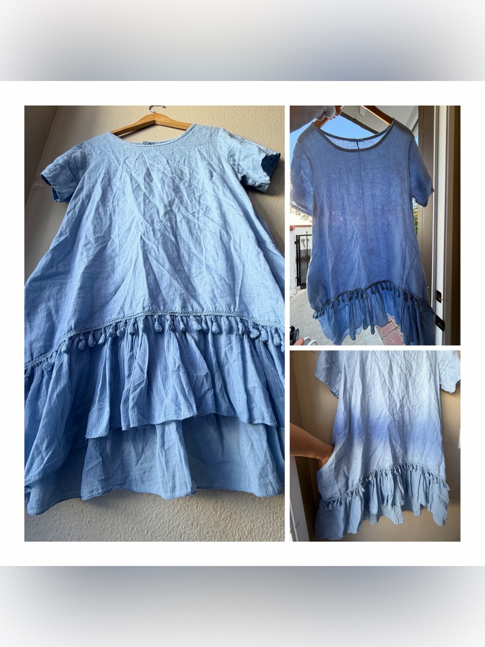Italian Boutique 100% Linen Dress Blue Ruffle Hem Pockets L Oversized Lagenlook
